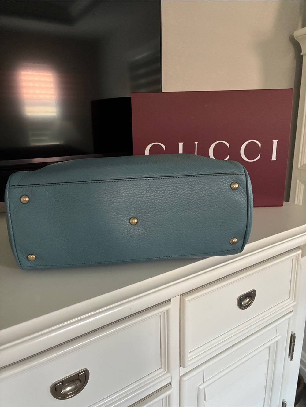 Gucci Light Blue Pebbled Leather Satchel with Bamboo Handles - Picture 5 of 16